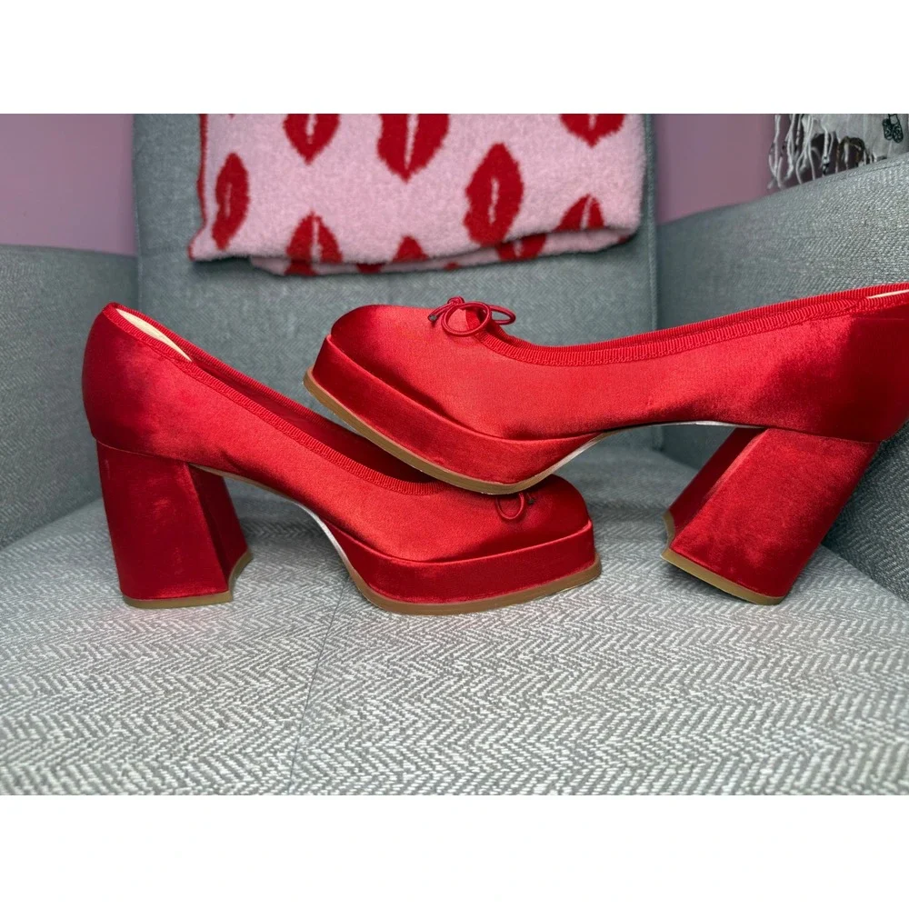 Coutgo Red‎ Satin Platform Pumps Block Heel Square Toe Bow Heels Womens 8.5